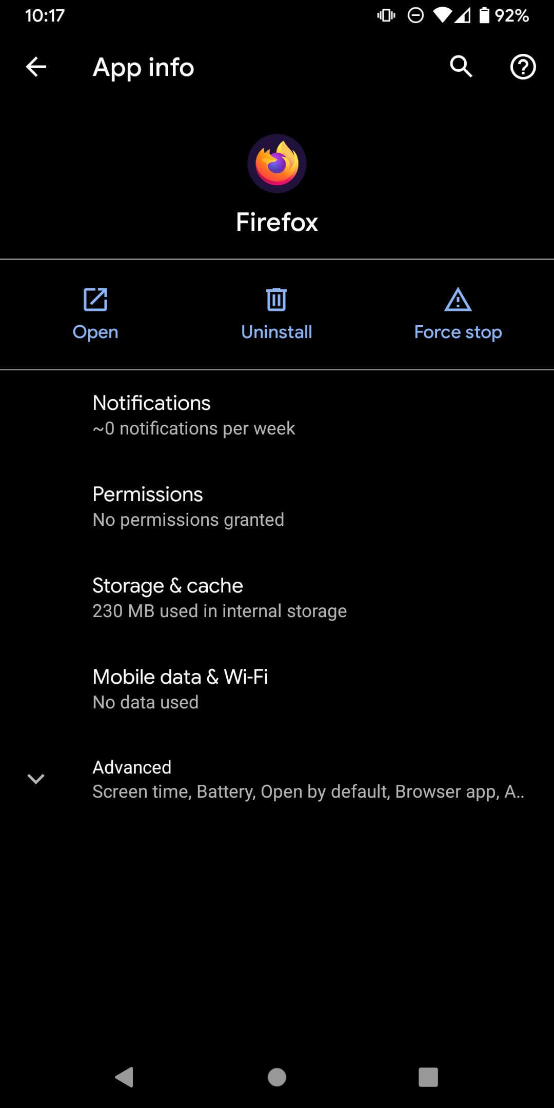 Browser Permissions option in Android settings information