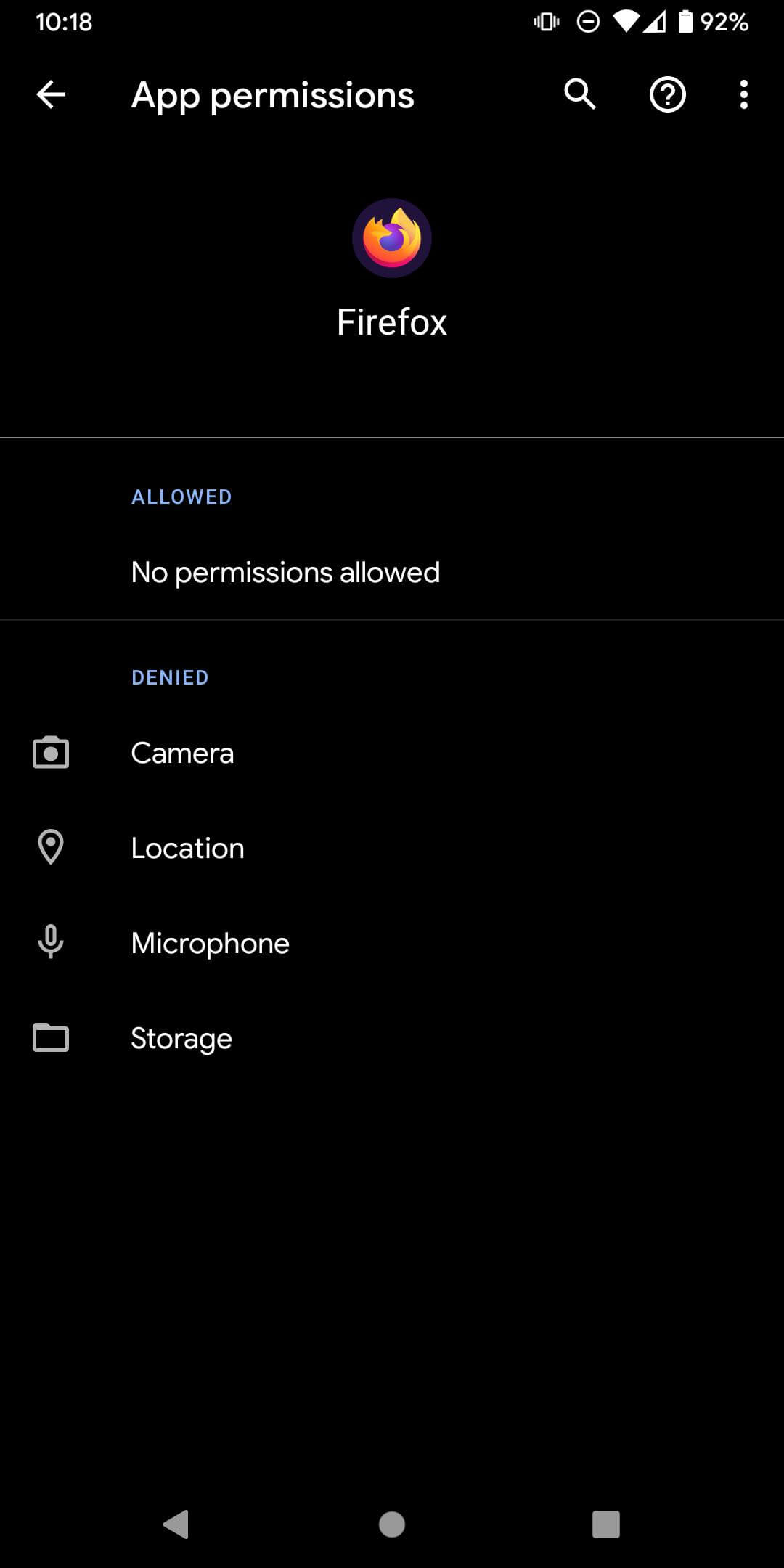 Browser Permissions option in Android settings menu