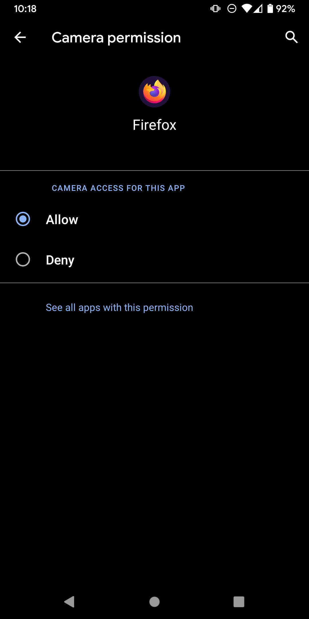 Camera Permissions option in Android browser settings
