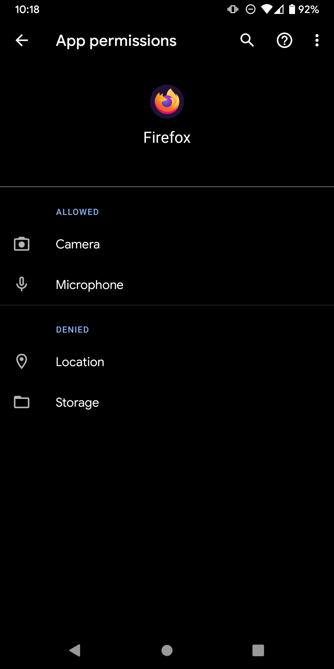 Browser Permissions allowed in Android settings menu
