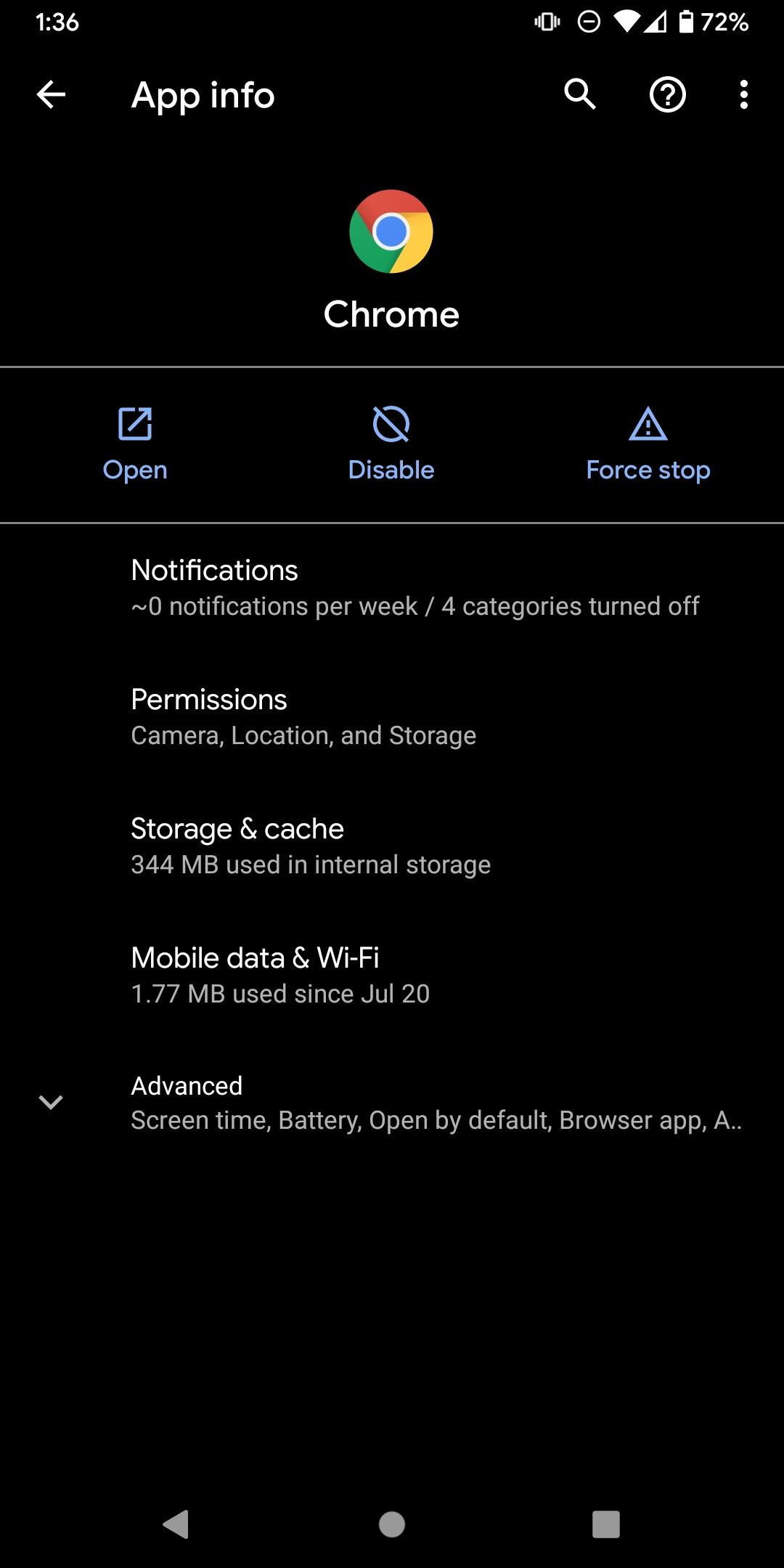 Browser Permissions option in Android settings information