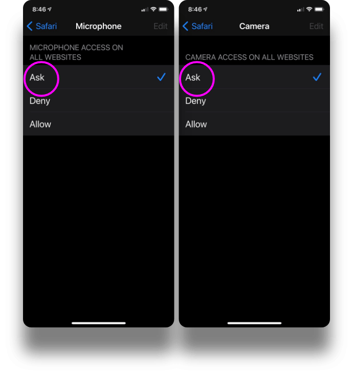 Turning on Camera and Microphone access in iPhone settings