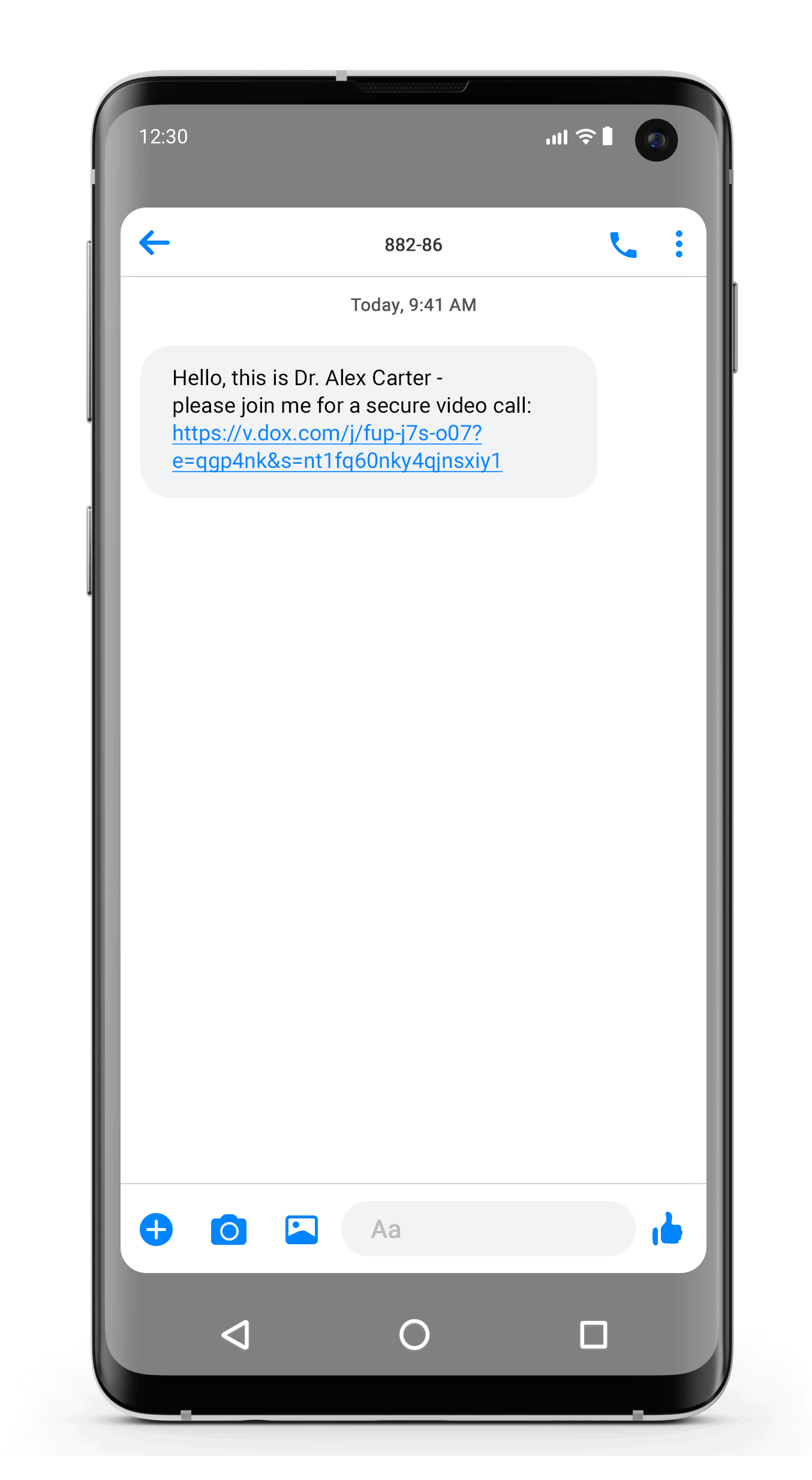 Invite to a secure video call sent as a text in the Android Messages app.