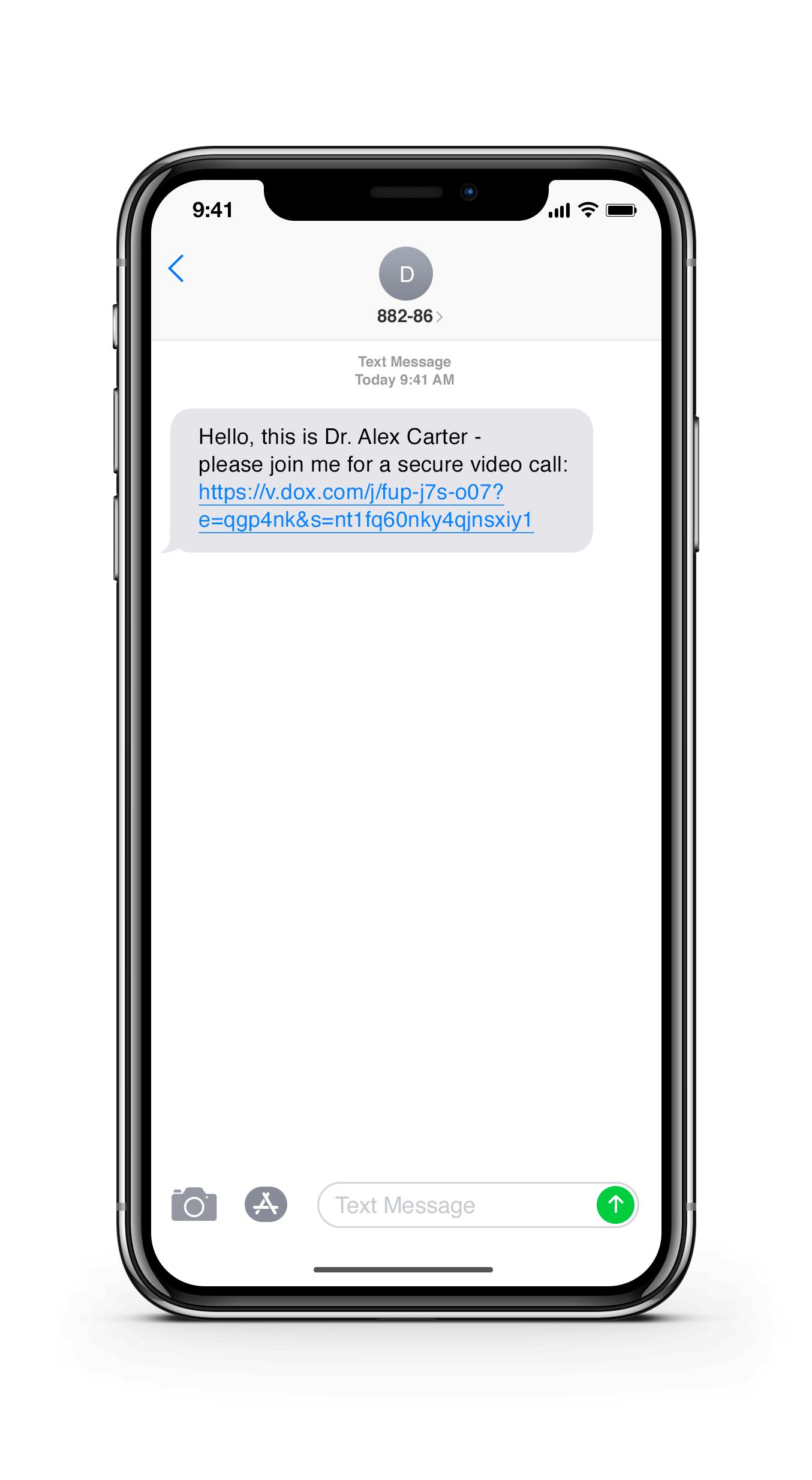Invite to a secure video call sent as a text in the Apple Messages app